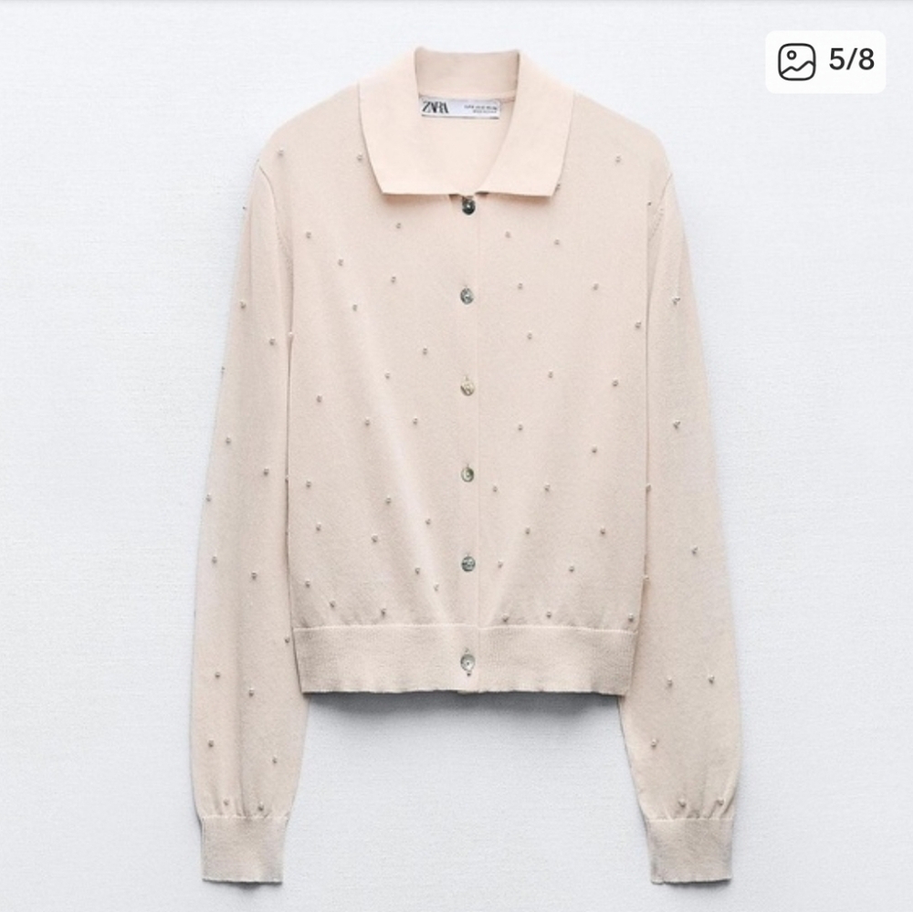 ZARA I NWT US S Cropped Cardigan with Pearls I soft pink